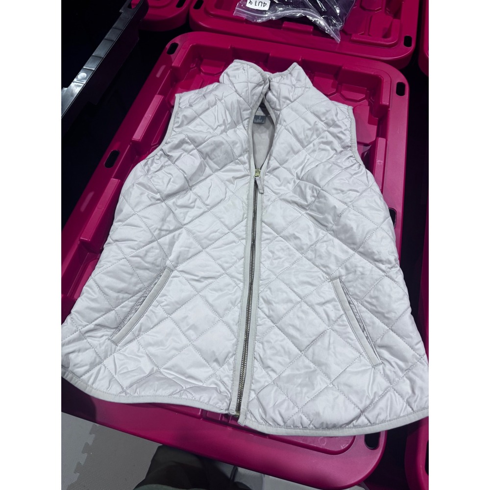 Old Navy Womens Small Quilted Puffer Vest Beige Full Zip Diamond Stitch Sleevele